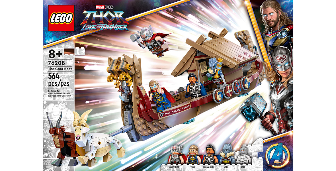 The box for a LEGO set featuring minifigures of Mighty Thor, Thor, King Valkyrie, Korg, and Gorr and a buildable version of “The Goat Boat,” a longboat labelled Asgard Tours that is pulled by two LEGO goats. 