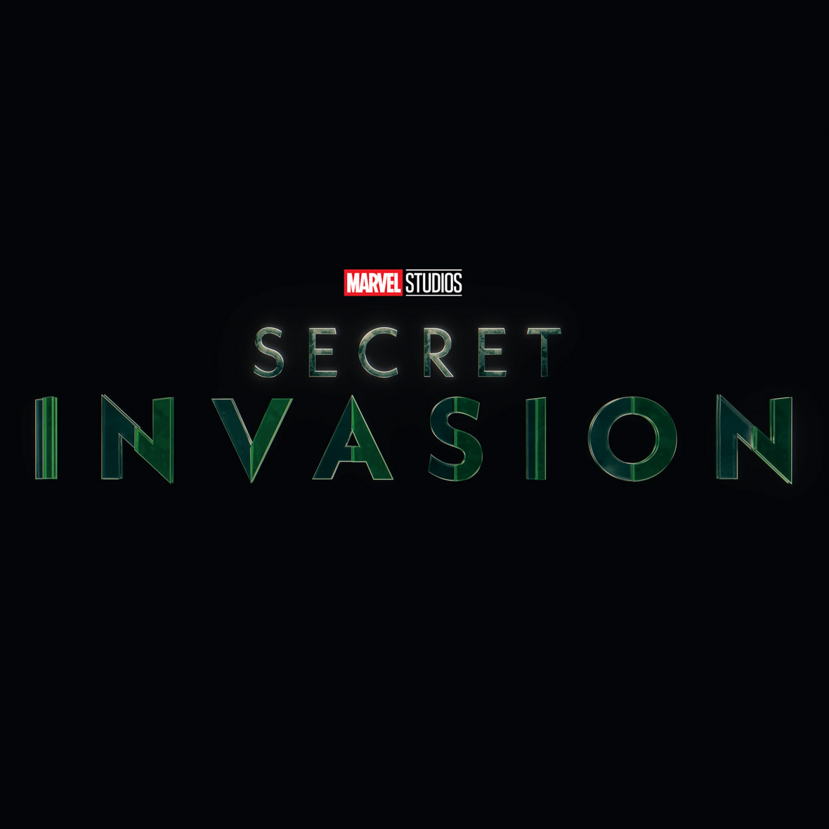 Logo image for Secret Invasion. The words “Secret Invasion” are written in green, geometric font below the classic “Marvel Studios” logo against a black background.