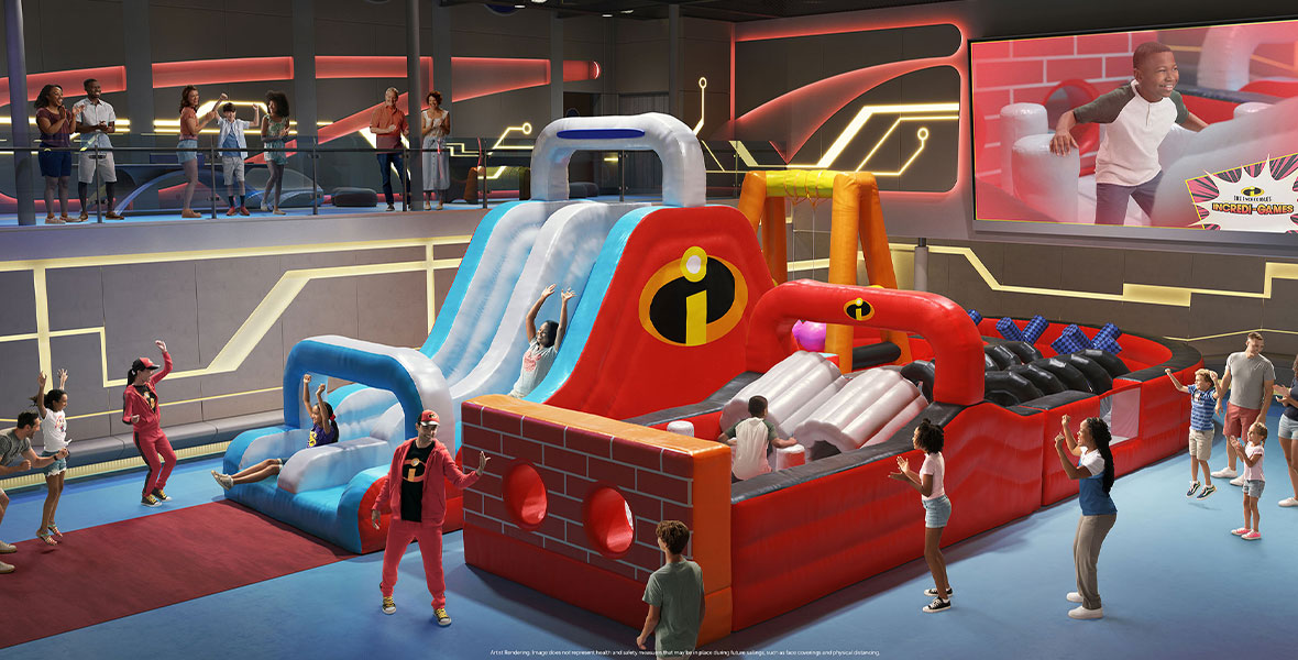 Children and their families play on inflatable slides decorated in red and blue for Disney’s The Incredibles.