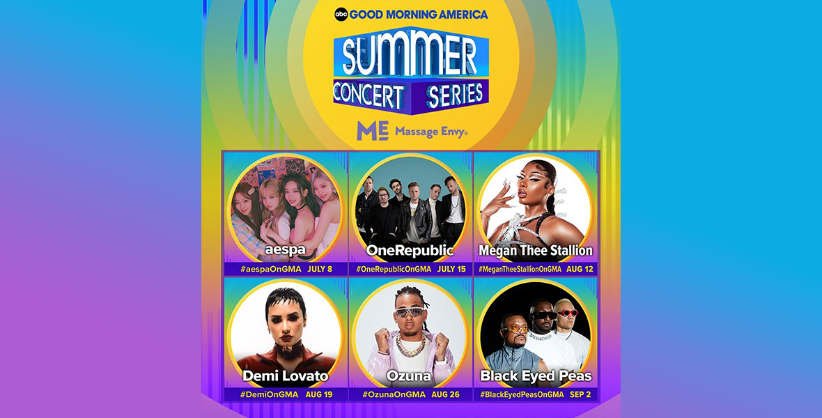 Colorful promotional image for Good Morning America’s 2022 Summer Concert Series, featuring photos of aespa, OneRepublic, Megan Thee Stallion, Demi Lovato, Ozuna, and the Black Eyes Peas, as well as the concert series’ logo.