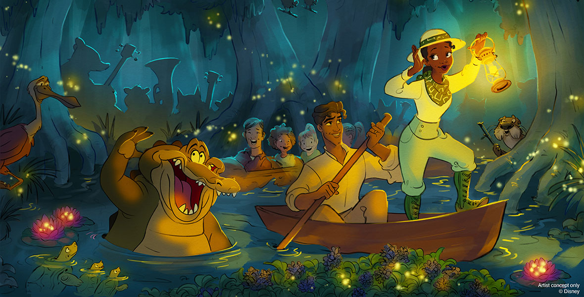 Concept art of Tiana’s Bayou Adventure featuring Princess Tiana and Prince Naveen in a rowboat, leading guests in log ride vehicles down the firefly-lit bayou. Louis the alligator is in the water, waving to the guests, while a silhouetted animal band watches in the background.