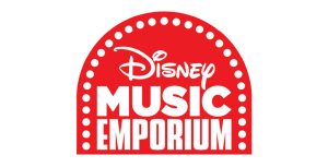 The logo for Disney Music Emporium, which features the brand’s name in white text against a red half circle, framed in white dots to mimic the lights of a stage.