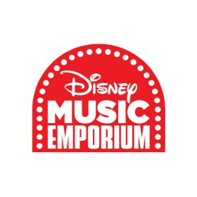 The logo for Disney Music Emporium, which features the brand’s name in white text against a red half circle, framed in white dots to mimic the lights of a stage.