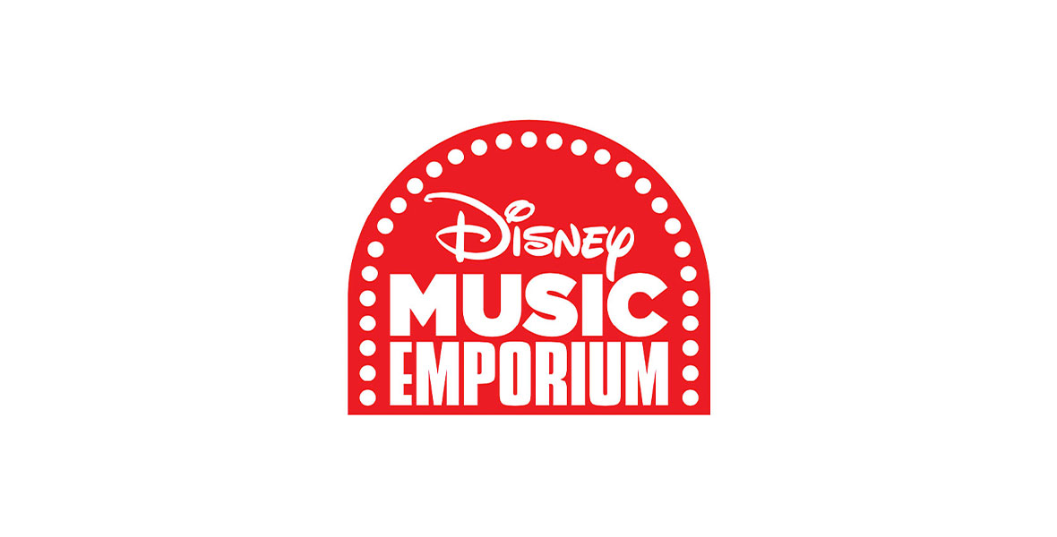 The logo for Disney Music Emporium, which features the brand’s name in white text against a red half circle, framed in white dots to mimic the lights of a stage.