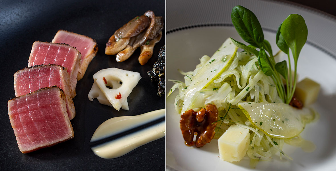 Seared Ahi tuna is sliced on a plate next to an image of Fennel, Bartlett Pear, and Tastoi Salad.