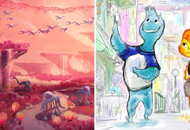 Side by side images from Strange World (left) and Elemental (right). On the left, a concept art image from Strange World. It is a landscape view of a vast valley full of soft, squishy looking pink plants. Tall pink and purple mountains rise in the distance, blue alien creatures with oblong legs graze in the field below, and the sky is dotted with orange and pink particles. On the right, a sketched concept art image from Elemental. Two protagonists appear: a man made of water wearing a blue baseball tee with a water droplet, and a woman made of fire to his right wearing beige shorts made of a scaly material and a brown tank top. The man creates puddles as he walks, and the woman is trailing fire behind her. In the background are less discernable characters living their life in the city.
