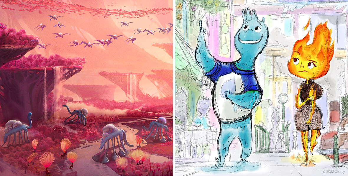 Side by side images from Strange World (left) and Elemental (right). On the left, a concept art image from Strange World. It is a landscape view of a vast valley full of soft, squishy looking pink plants. Tall pink and purple mountains rise in the distance, blue alien creatures with oblong legs graze in the field below, and the sky is dotted with orange and pink particles. On the right, a sketched concept art image from Elemental. Two protagonists appear: a man made of water wearing a blue baseball tee with a water droplet, and a woman made of fire to his right wearing beige shorts made of a scaly material and a brown tank top. The man creates puddles as he walks, and the woman is trailing fire behind her. In the background are less discernable characters living their life in the city.