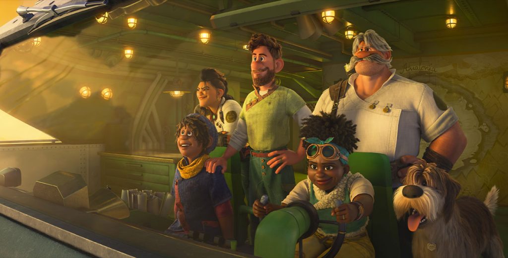 An image from Strange World featuring the main cast of characters in their ship. From left to right, a young person with short dreadlock wearing a blue and red layered top, yellow scarf, and blue knitted beanie. A tall, tough looking woman with her hair in a mohawk. She has a gold hoop earring and is wearing a glowing green gem around her neck. In the center is a man with brown hair and a beard. He has a green tunic on with darker green pants and his stands confidently with one hand on his hip. To his side is a large older man with gray hair and a handlebar mustache. He has on a white tunic held together with gold clips and he has a scruffy brown and white dog next to him. In front is a girl holding the wheel of the vehicle with a determined look on her face. She has voluminous curly dark hair held above her head by a blue scarf and wears goggles on her forehead. She is wearing a wool lined blue vest over a white tee shirt and is gripping both side of the steering wheel firmly.