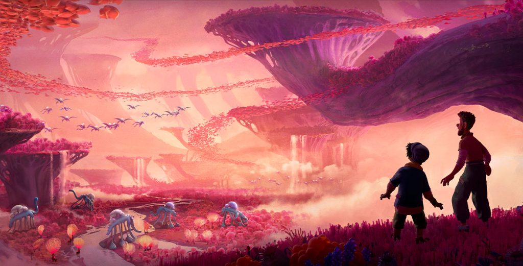 A concept art image from Strange World. Two silhouetted figures stand on the precipice of a vast valley full of soft, squishy looking pink plants. Tall pink and purple mountains rise above them and into the distance, blue alien creatures with oblong legs graze in the field below, and the sky is dotted with orange and pink particles.