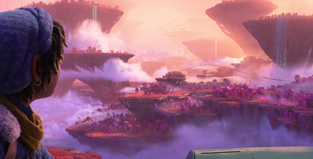 A concept art image from Strange World featuring one of the protagonists in the foreground on the left. This character is facing away from us and we can’t see their face. They are wearing a wool lined jacket, yellow circle scarf, and blue knitted beanie. They are looking out onto a valley full of tall pink mountains that sit above a layer of white clouds. Barely discernable are alien creatures and plants on each individual mountain top. Small waterfalls cascade down from the tallest mountains and strangely shaped birds fly in the distance.