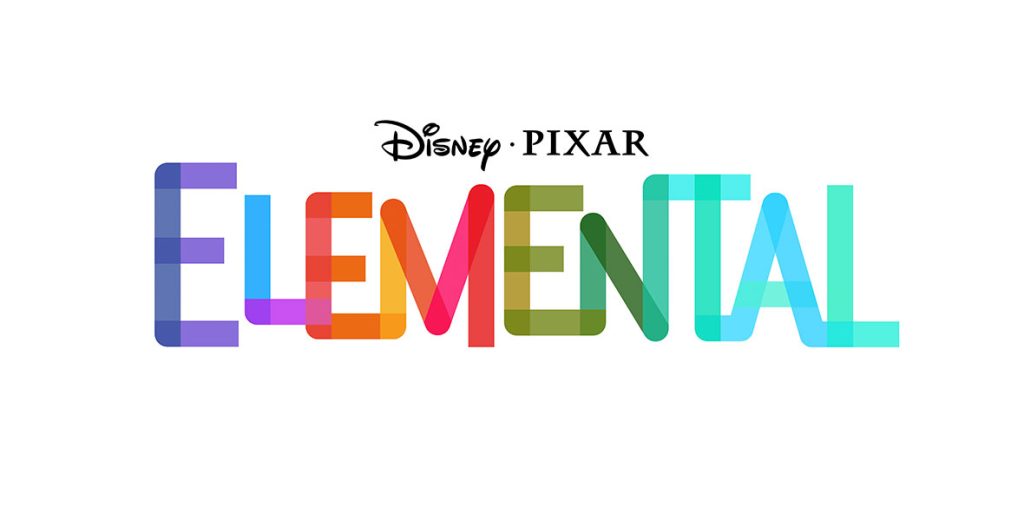 The official text logo for Disney and Pixar’s Elemental. The Disney and Pixar logos are on top written in black. Below is the word “Elemental” written in alternating rainbow colors: purple, blue, orange, red, green, and teal.