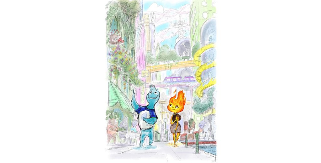 A sketched concept art image from Disney and Pixar’s Elemental. Two protagonists appear in the front of the image: a man made of water wearing a blue baseball tee with a water droplet, and a woman made of fire to his right wearing beige shorts made of a scaly material and a brown tank top. The man creates puddles as he walks, and the woman is trailing fire behind her. In the background are less discernable characters living their life in the city and tall buildings and cityscapes tower behind our main characters, creating a very lively, metropolitan environment.