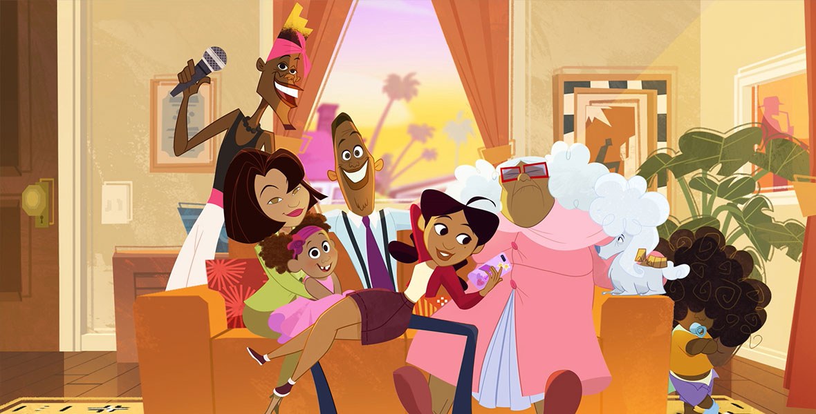 Members of The Proud Family gather happily on the couch.