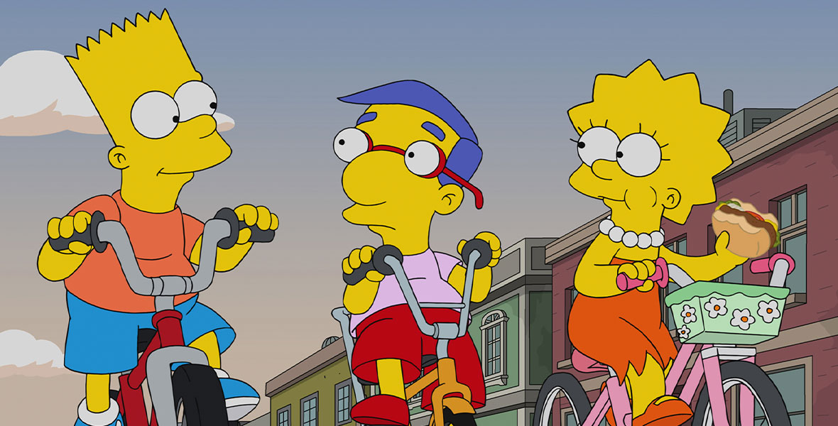 Bart Simpson rides his bike, with Millhouse in the center, and his sister Lisa, who eats a hamburger on her pink bike with flowered basket.