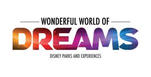 The title "Wonderful World of Dreams: Disney Parks an Experiences" on a white background. The word "Dreams" is is filled in with a rainbow, starry gradient.