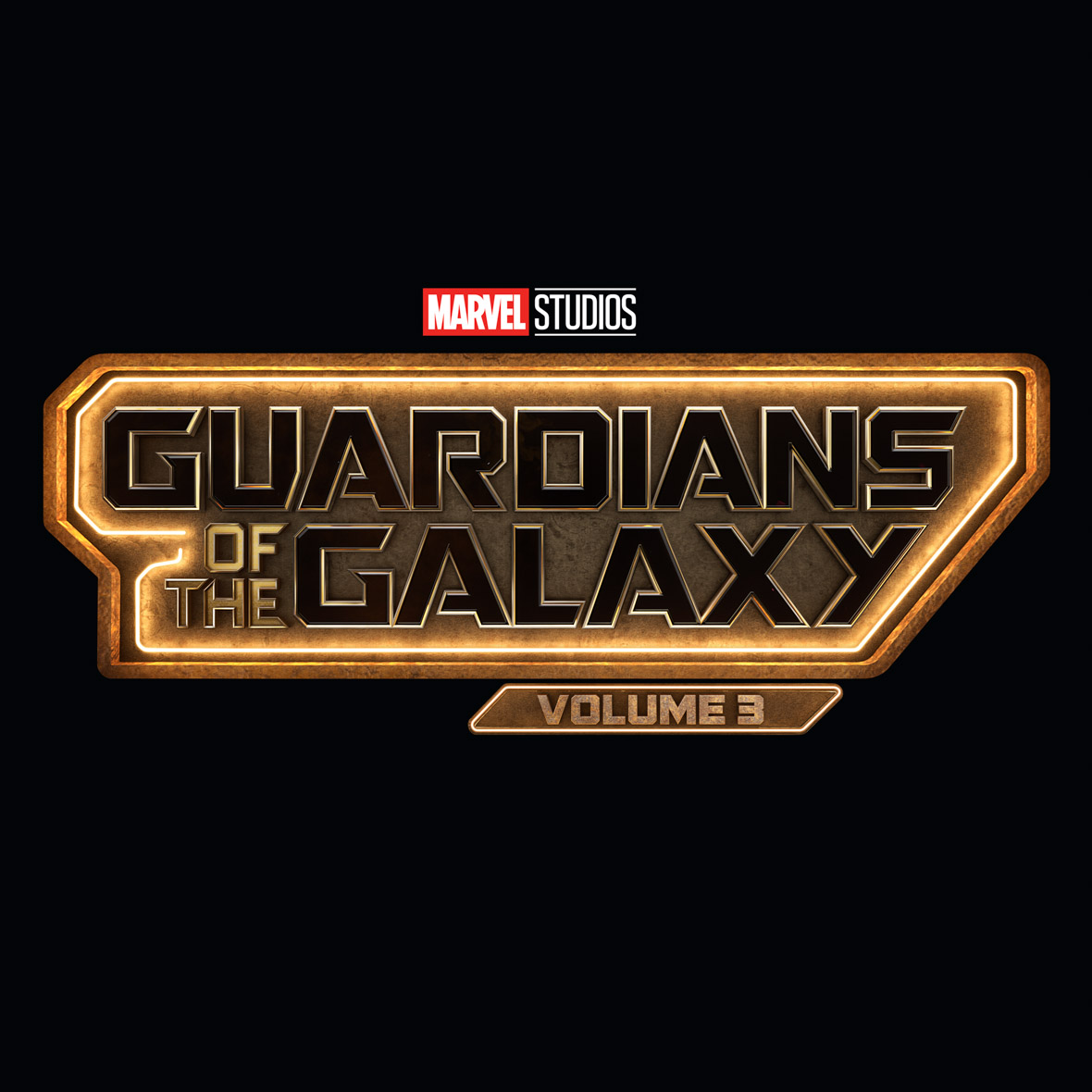 Logo image for Guardians of the Galaxy Vol.3. The title is written in black font against a golden-yellow background. The gold outline around the text is glowing and the entire logo is against a black background.