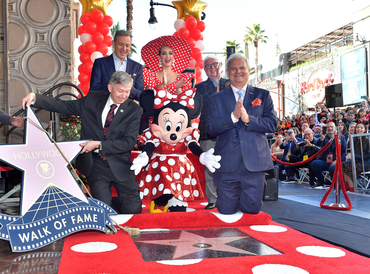 LOS ANGELES, CA - JANUARY 22:  (L-R) Disney Chairman and Chief Executive Officer, Robert A. Iger, Katy Perry, Leron Gubler, Jeff Zarrinnam, and Vin Di Bona attend ceremony for Minnie Mouse as she receives Star on Hollywood Walk of Fame in Celebration of her 90th Anniversary at El Capitan Theatre on January 22, 2018 in Los Angeles, California.  (Photo by Stefanie Keenan/Getty Images for Disney )