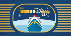 The D23 Inside Disney at Sea logo, featuring an illustration of a Disney Cruise ship sailing on blue water below a sky of sparkles. In the sky in yellow text is the title D23 Inside Disney at Sea. The text and image are enclosed in a yellow oval and flanked on either side by a series of yellow stripes on a dark blue background.