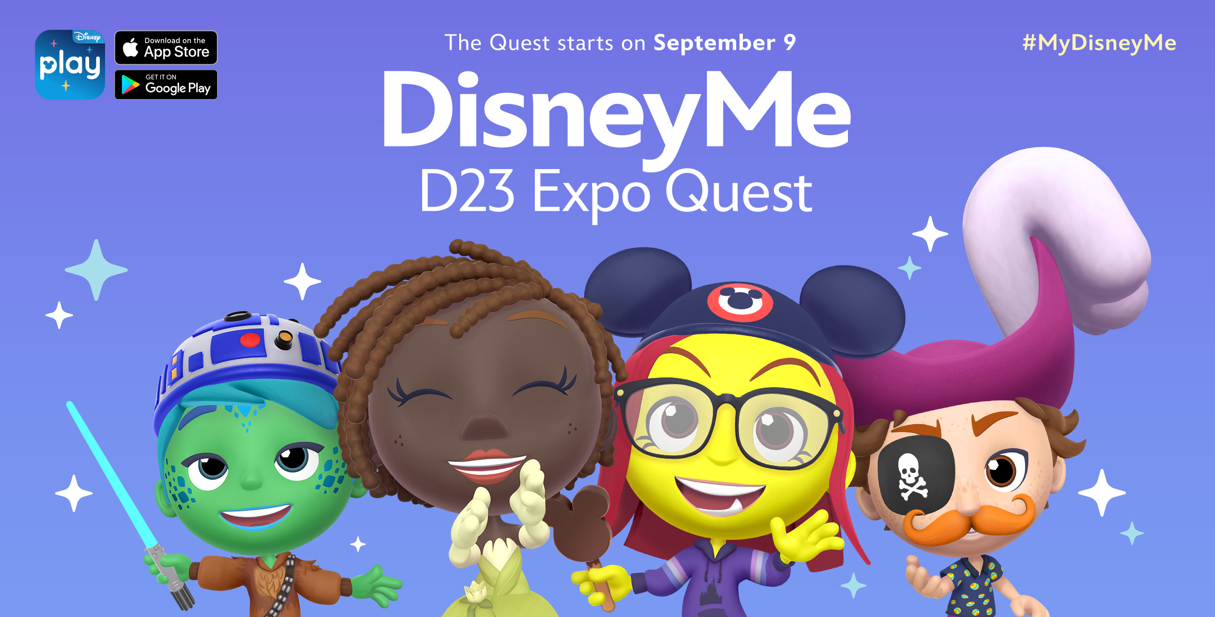 Four cartoon-y, round-headed “DisneyMe” characters, each dressed in a different Disney-themed outfit: Jedi Robes, Belle’s yellow dress, a Mouse Ear hat, and a pirate hat. The characters are smiling and surrounded by sparkles while the text “The Quest starts on September 8. DisneyMe: D23 Expo Quest.”