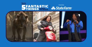 Tight crop off a thin male lion walking in the shadows. Actress Melissa McCarthy screams while riding a red scooter. Tight crop of a person, dressed in a panda costume and holding a treasure chest.