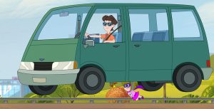 Kevin is steering a green minivan, with one hand on the wheel and his hair is blowing in the wind—except he’s not actually driving along the highway. His sister, Gretel, and her pet hamster, Hamster, have been granted superpowers and have lifted the minivan off the road. Gretel and Hamster, wearing caped super-suits, are in flight.