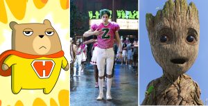 Animated brown and tan hamster wears a yellow super hero suit with a giant “H” and red cape as it’s surrounded by bright yellow and orange flames. Actor Milo Manheim wears a pink and wear football uniform with zombie-like makeup and green hair. Baby Groot, a tree-like creature, has his mouth agape with a bright blue sky filled with white fluffy clouds behind him.