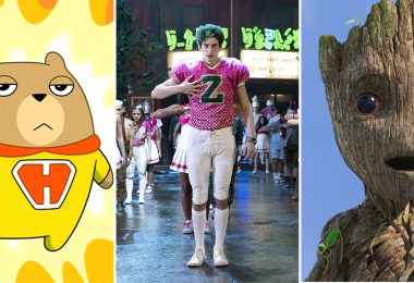 Animated brown and tan hamster wears a yellow super hero suit with a giant “H” and red cape as it’s surrounded by bright yellow and orange flames. Actor Milo Manheim wears a pink and wear football uniform with zombie-like makeup and green hair. Baby Groot, a tree-like creature, has his mouth agape with a bright blue sky filled with white fluffy clouds behind him.