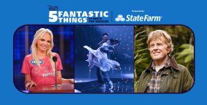 Actor Kristin Chenoweth wears a red T-shirt and stands at a podium with a black microphone. Actors Chosen Jacobs and Lexi Underwood dance in a room filled with a dark background and small white lights. Jacobs is lifting Underwood in the air. Actor Robert Redford smiles and stands in front of dense green shrubbery.
