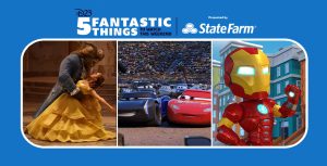 Actor Dan Stevens, portraying the Beast with CGI fur and horns, dips actor Emma Watson, portraying Belle, while dancing in a grand ballroom. Stevens wears a blue suit jacket with ornate sleeves. Watson wears a yellow ballgown with three tiers and her hair partially pulled back. Animated cars Jackson Storm and Lightning McQueen are side by side and surrounded by cars that are journalists and fans. McQueen gives a side-eye glance to Storm. Animated character Iron Man poses with one arm on his hip and his left fist in the air. Iron Man wears his red and gold super suit, and there is a row of colorful apartment buildings behind him.