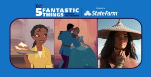 Tiana wears a yellow dress with a collar and holds a silver platter with beignets. Behind her is a restaurant kitchen and stacks of white plates. Cinderella wears a sparkling blue ballgown with matching gloves. She is dancing with Prince Charming, who is wearing a white suit with yellow shoulder pads and red pants. Behind them is a ballroom with ornate decorations. Raya wears a straw hat and high-neck, tan-colored top with long sleeves. Behind her is a desert landscape with large sand-like formations.