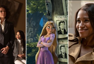 Actor Tatiana Maslany stands in a courtroom with one sleeve of her suit jacket torn and dangling, exposing her white blouse. Behind Maslany, actors Ginger Gonzaga and Josh Segarra sit in wooden chairs and a large picture frame hangs askew. Animated characters Rapunzel and Flynn Rider lean on a large tree with arms folded. Wanted posters with Rider’s face cover the tree stump. Actor Nneka Okafor smiles and wears a tan raincoat. White blinds that are covering a large window are seen behind her.