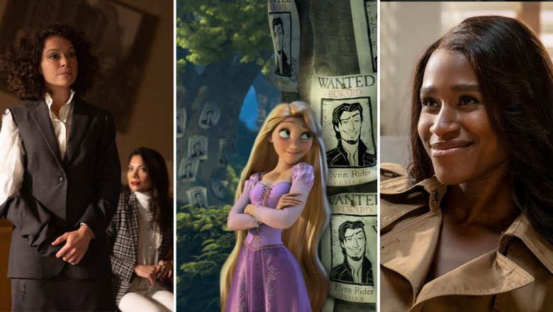 Actor Tatiana Maslany stands in a courtroom with one sleeve of her suit jacket torn and dangling, exposing her white blouse. Behind Maslany, actors Ginger Gonzaga and Josh Segarra sit in wooden chairs and a large picture frame hangs askew. Animated characters Rapunzel and Flynn Rider lean on a large tree with arms folded. Wanted posters with Rider’s face cover the tree stump. Actor Nneka Okafor smiles and wears a tan raincoat. White blinds that are covering a large window are seen behind her.