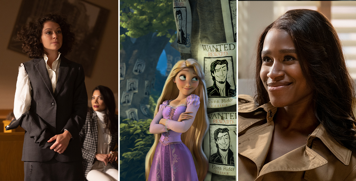 Actor Tatiana Maslany stands in a courtroom with one sleeve of her suit jacket torn and dangling, exposing her white blouse. Behind Maslany, actors Ginger Gonzaga and Josh Segarra sit in wooden chairs and a large picture frame hangs askew. Animated characters Rapunzel and Flynn Rider lean on a large tree with arms folded. Wanted posters with Rider&rsquo;s face cover the tree stump. Actor Nneka Okafor smiles and wears a tan raincoat. White blinds that are covering a large window are seen behind her.