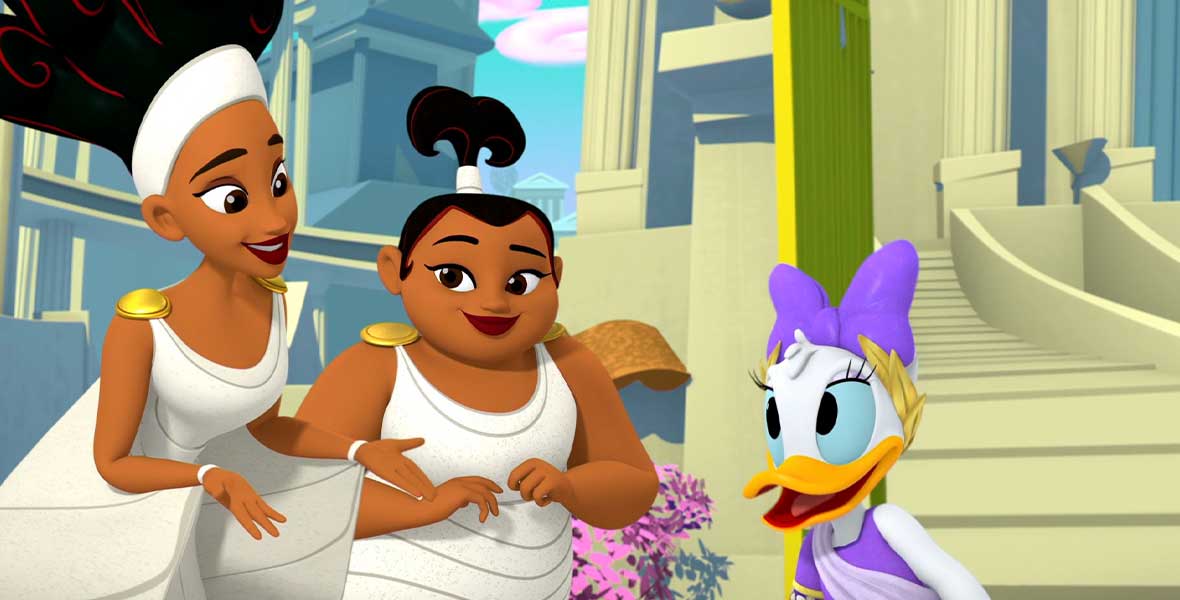 Muses Thalia and Calliope, wearing white Grecian gowns with gold shoulder details, smile as they talk to Daisy Duck, wearing a purple toga and matching hairbow, in the Land of Myth.
