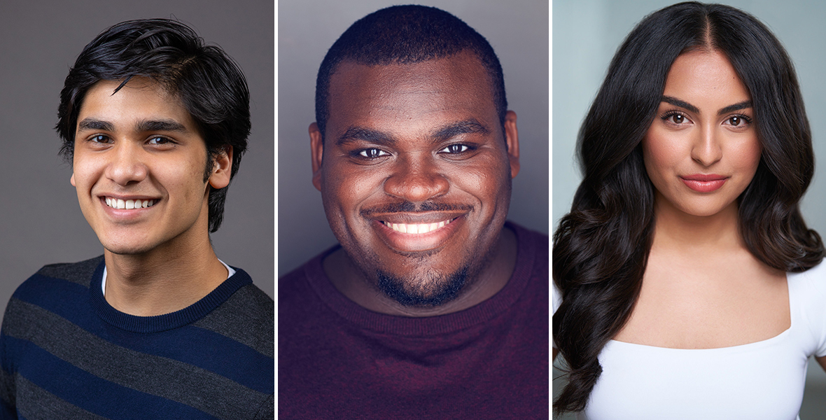 (from left to right) Adi Roy, who will take on the lead role in Aladdin’s North American tour, smiles and turns toward the viewer. He wears a grey and navy striped crewneck sweater. Marcus M. Martin, a regional theater veteran, will play Genie in the North American tour of the hit Broadway musical Aladdin. Marcus faces the viewer with a broad smile and wears a maroon crew neck sweater. Senzel Ahmady, a native of the San Francisco Bay area and NYU student, is set to star as Jasmine in the North American touring production of Aladdin. She faces the viewer with a closed-mouth smile, her long, dark hair parted in the center and wears a scoop-neck white shirt. 