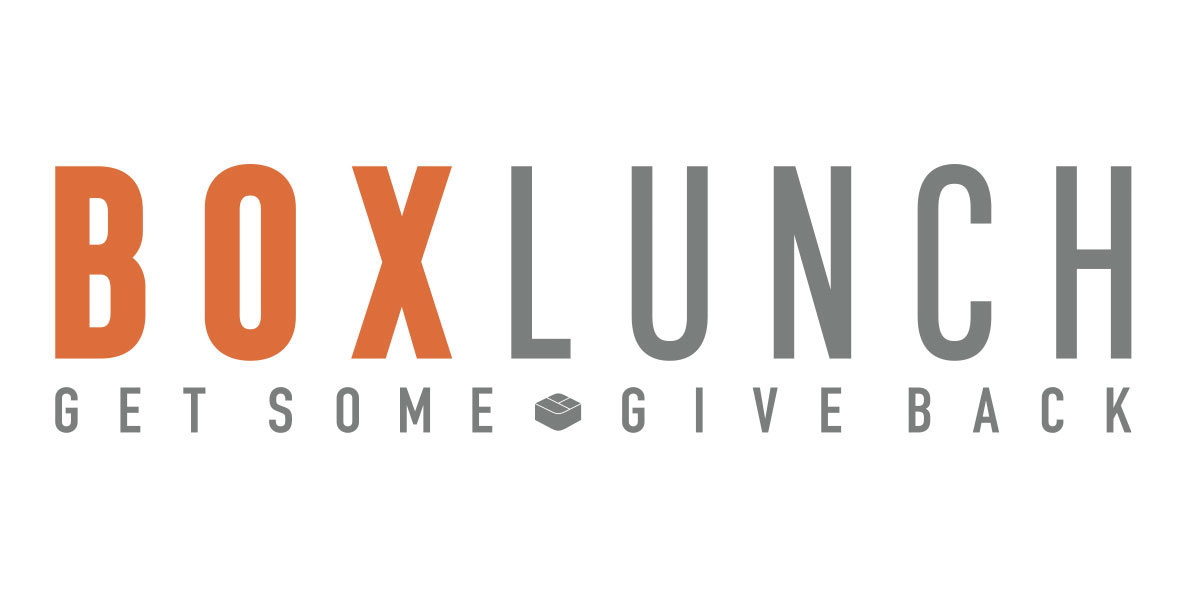 Official logo for BoxLunch, with Box in orange lettering and Lunch in grey lettering, with the tagline “Get Some [lunchbox icon] Give Back.”