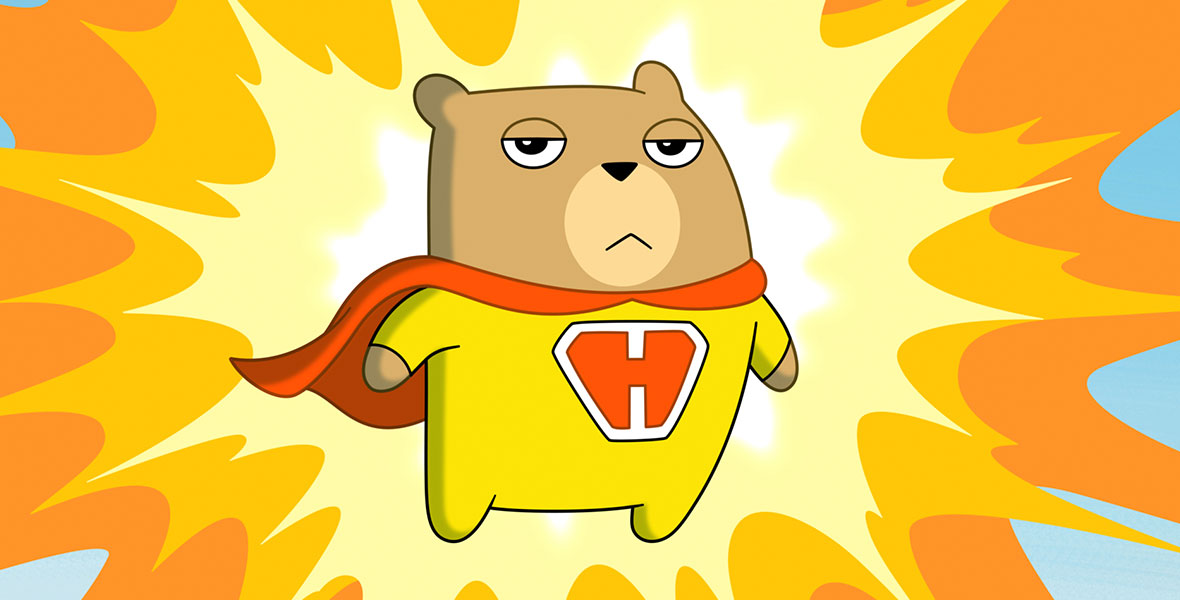 Hamster wears an orange cape and a yellow unitard that bears an orange H, outlined in white, on his chest. He is slightly frowning and surrounded by orange and yellow bursts of energy.