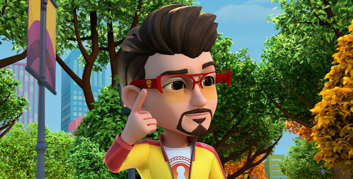 Animated character Tony Stark points at his red glasses and wears a graphic T-shirt and yellow and red jacket. Behind him is a park with large, green-leafed trees and a pole with a banner.