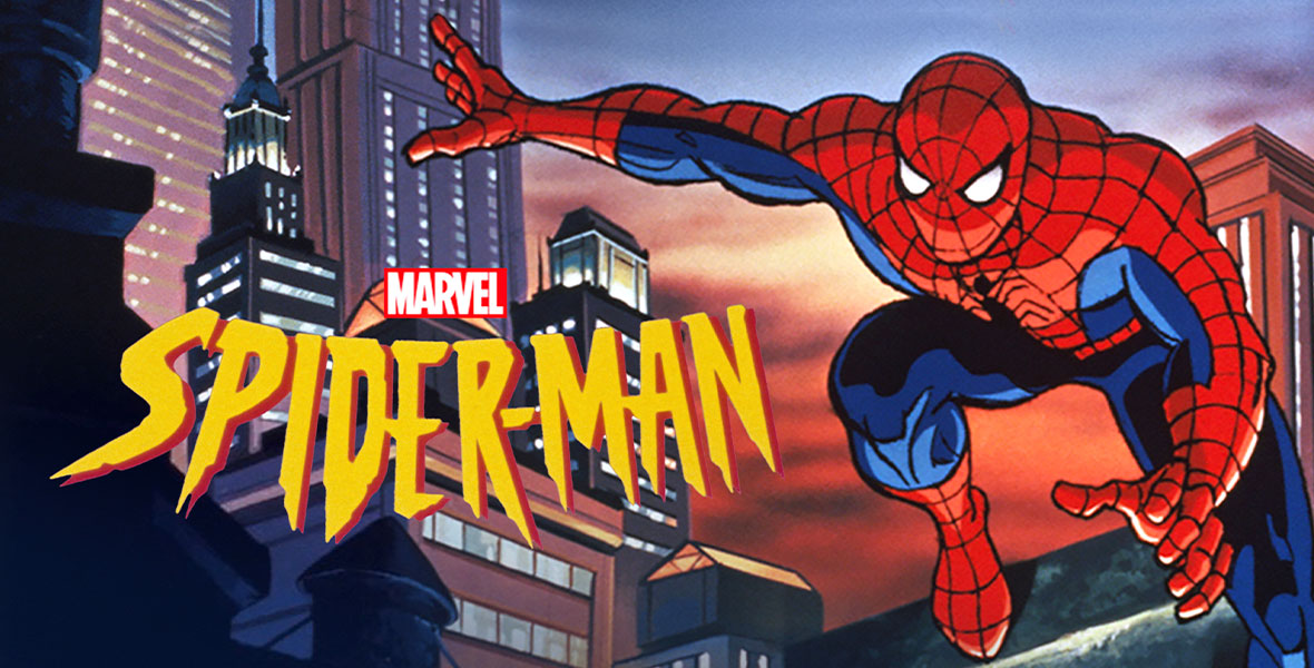 An animation image of Spider-Man leaps forward. On the left side of the image, “Spider-Man” is written out in large yellow text. The skyrises of New York is in the background. 