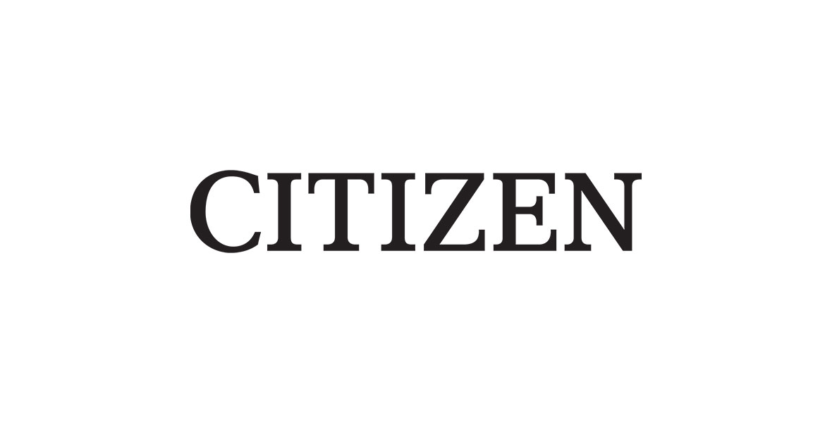The Citizen watch log is seen in black all-caps against a grey background.