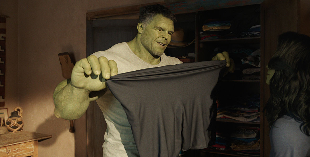 Actor Mark Ruffalo as Bruce Banner/Smart Hulk appears with CGI green skin and hair and holds spandex shorts
