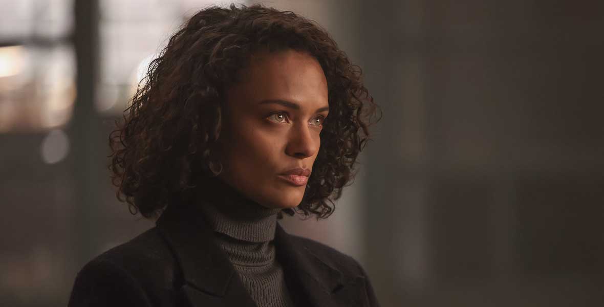 Actor Kandyse Mcclure looks to the left and wears a dark gray turtleneck top with a black blazer. Her surroundings are out of focus but behind her is a large window signaling daylight.