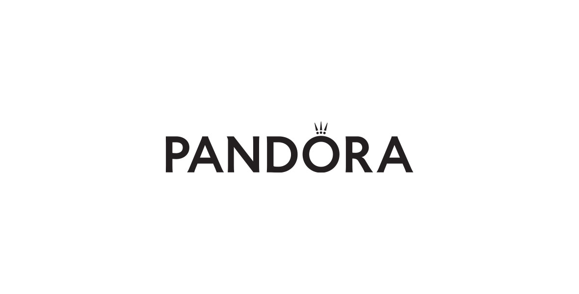 The logo for Pandora Jewelry in black lettering with the signature symbol above the “O” in Pandora.