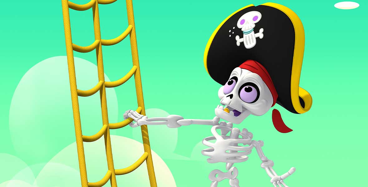 Animated skeleton Captain Salty Bones stands halfway up a gold robe ladder. He wears black boots, a red scarf around his head, and a black hat adorned with skull and crossbones.