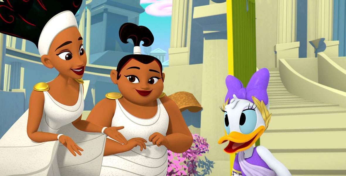 Two animated women, Calliope and Thalia, wear tan togas with gold clasps at their shoulders. They look at Daisy Duck with large white and tan columns and staircases seen behind them. Daisy wears a large purple bow on her head and a light purple dress.
