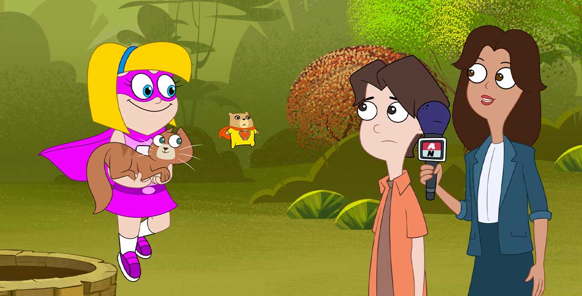 (Left to right) Animated characters Gretel, a young girl, and Hamster, a hamster, wearing their bright super hero costumes, speak to a reporter along with Gretel’s brother Kevin