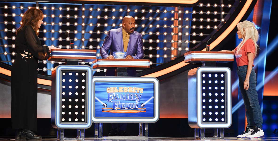(Left to Right) Actors Kathy Najimy and Kristin Chenoweth stand at podiums with one hand on a red buzzer button. Host Steve Harvey stand center holding a blue card with the Family Feud logo.