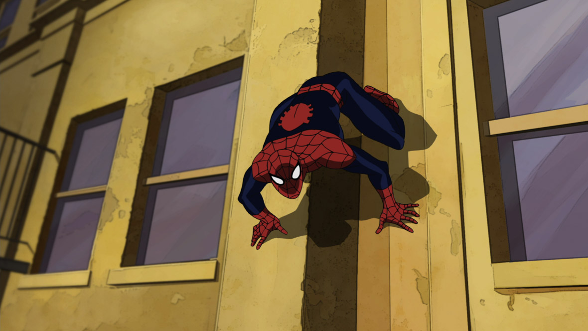 An animation image of Spider-Man crawling down a yellow building.