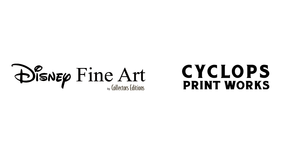The logo for Disney Fine Art by Collectors Editions in black typeface. The Disney is done in official Disney logo style., The logo, in all caps and black typeface for Cyclops Print Work