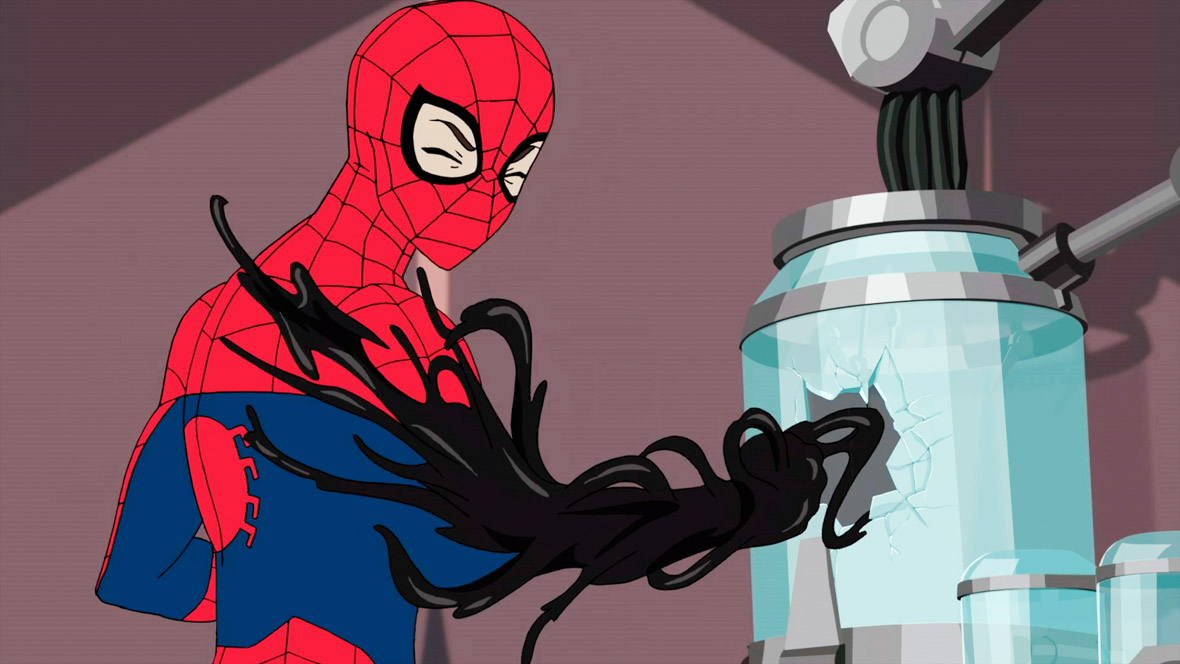 An animated Spider-Man has his right arm covered in a black substance as he punches through a glass chamber.